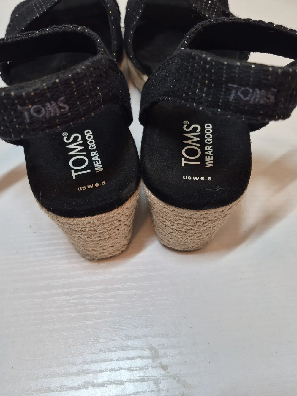 Toms Black Espadrille Wedge Sandals with Subtle Metallic Thread